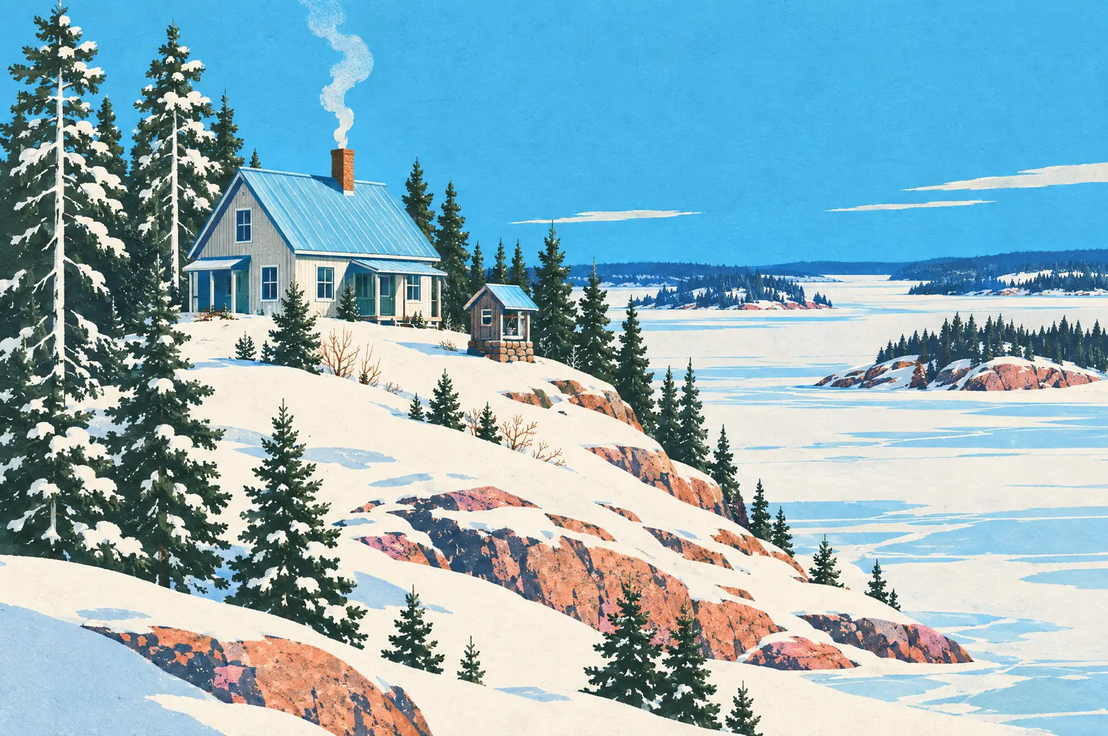 Illustration: a farmhouse and well house above a frozen lake in Central Frontenac