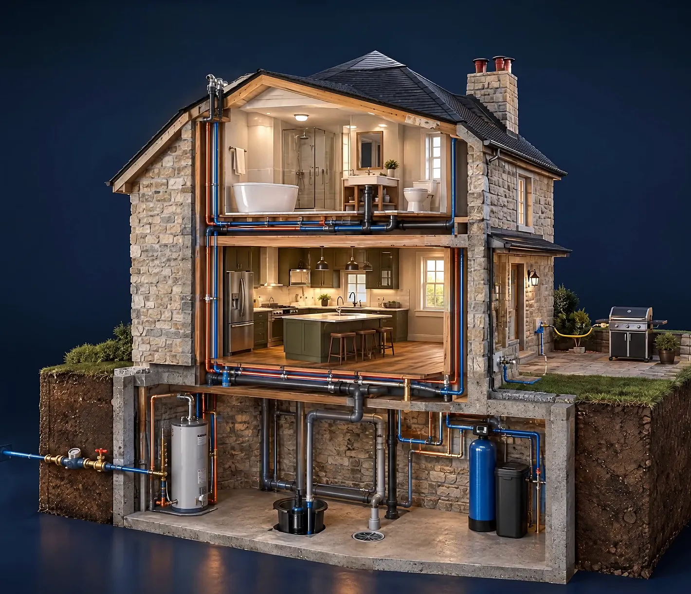 Cutaway of a two-storey limestone house showing its plumbing: bathroom, kitchen, basement mechanicals, the water service and outdoor lines