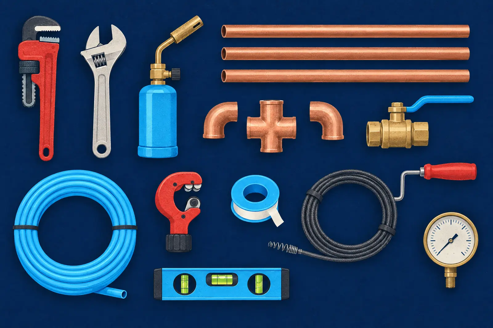 Illustration: a plumber’s tools laid out in rows on a workbench