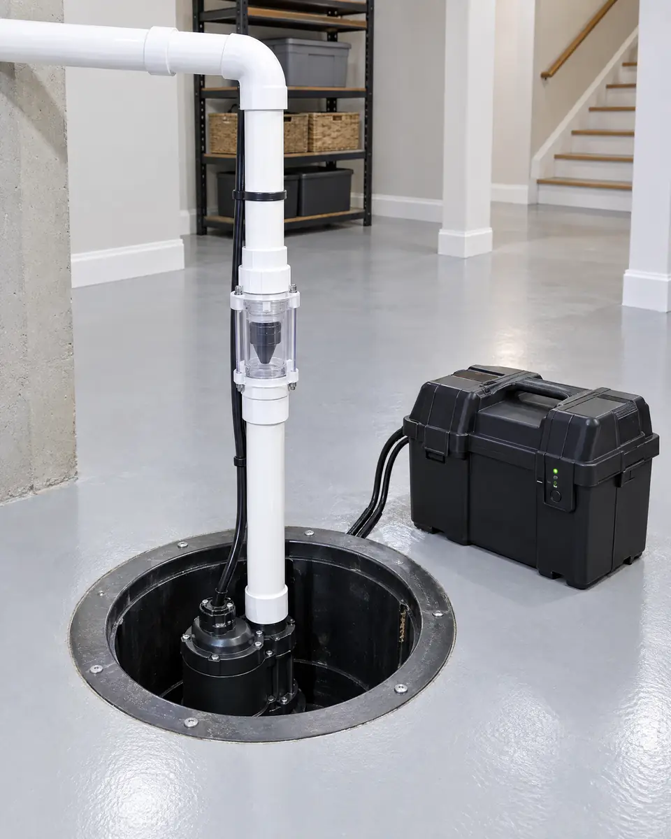 Illustration: a sump pit with a new pump, check valve and battery backup in a finished basement